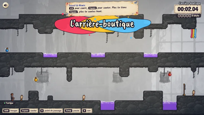 Lou dans l’arrière-boutique de Mamie, au premier niveau, avec le chronomètre et les commandes en bas.