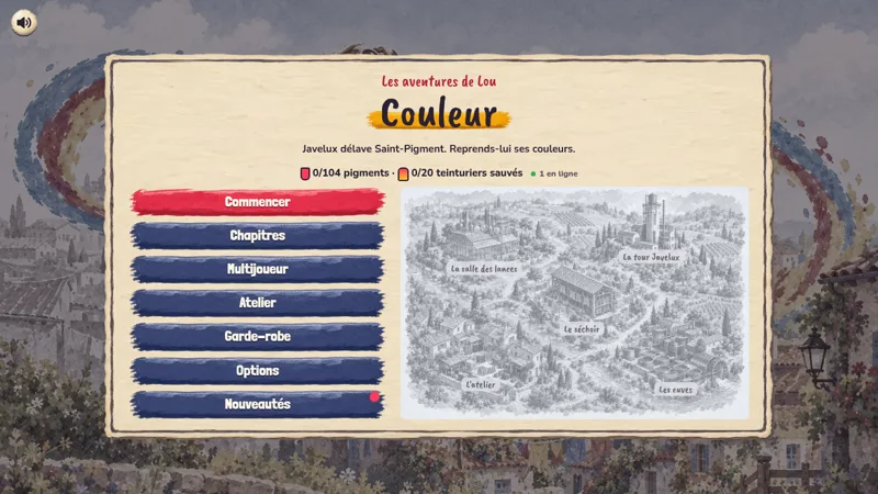 Le menu du jeu : Commencer, Chapitres, Atelier, avec la carte de Saint-Pigment.