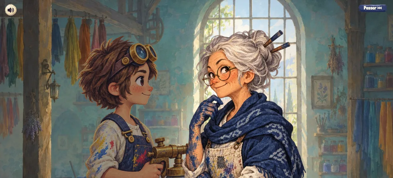 Lou, l’apprenti au pistolet à teinture, et Mamie Indigo dans l’atelier.