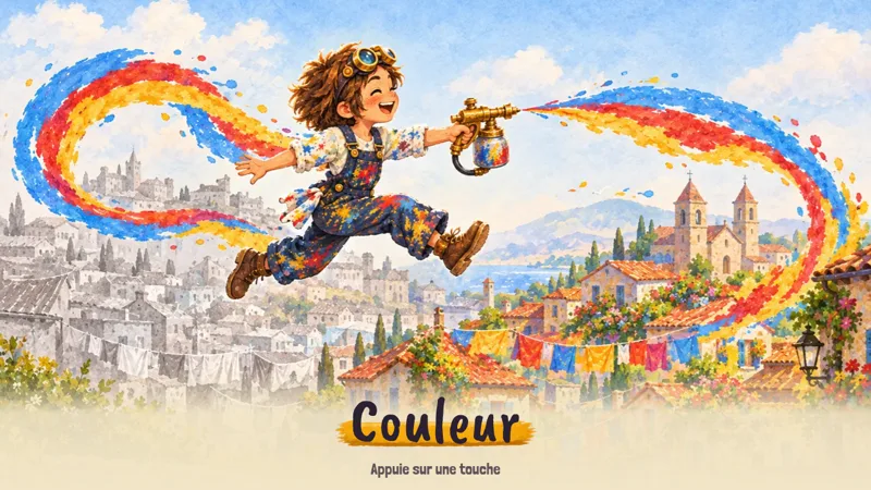 L'écran-titre de Couleur : Lou au-dessus de la ville, pistolet en main.